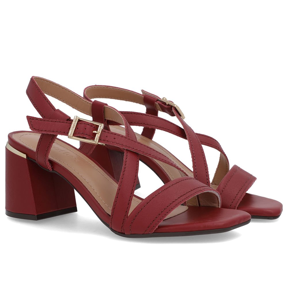 Sandália Salto Quadrado Couro Vermelha Fivela Vermelho 2