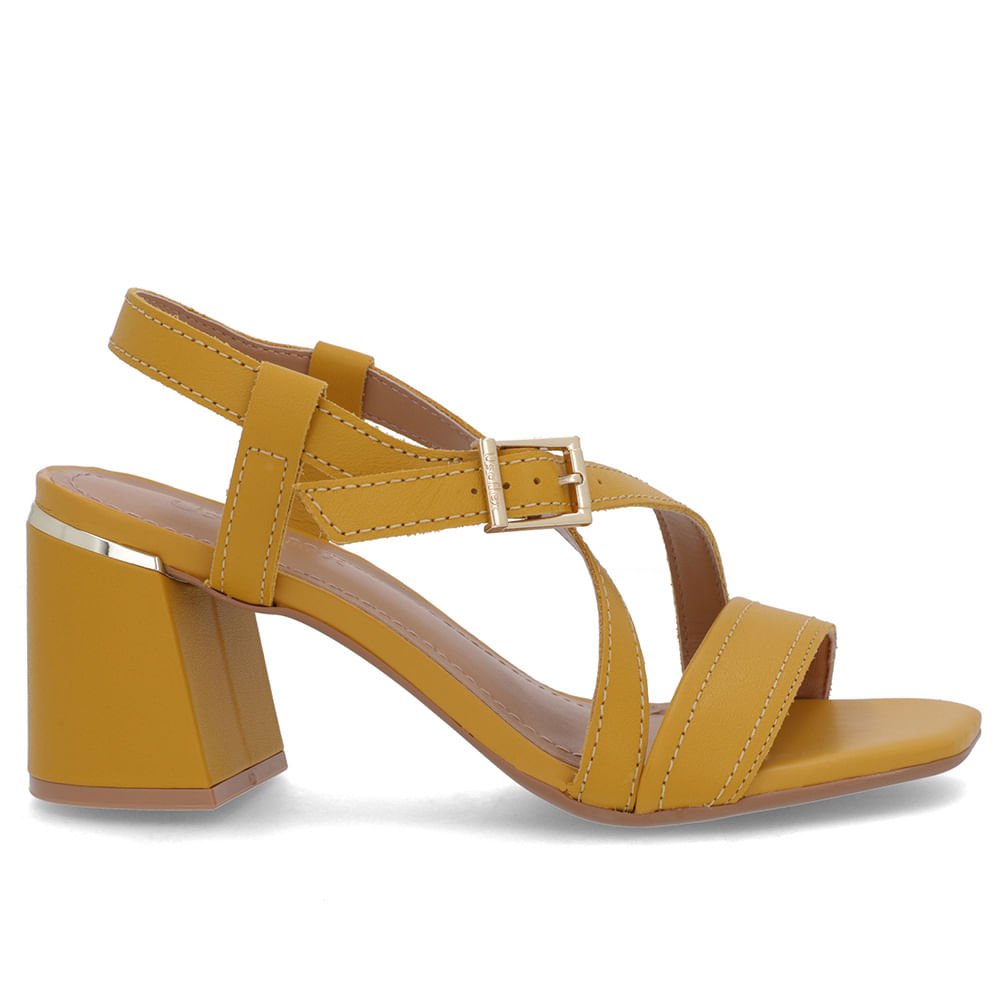 Sandália Salto Quadrado Couro Amarela Fivela
