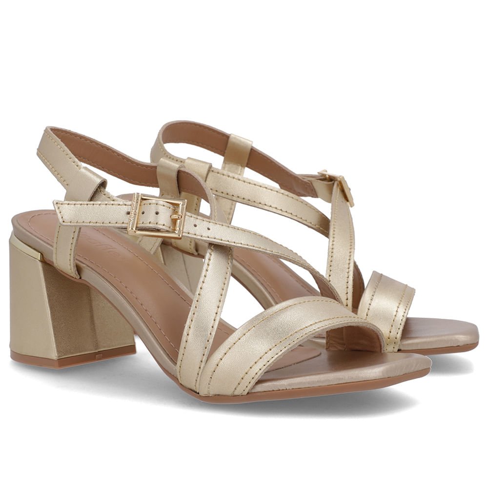 Sandália Salto Quadrado Couro Dourada Fivela Dourado 2