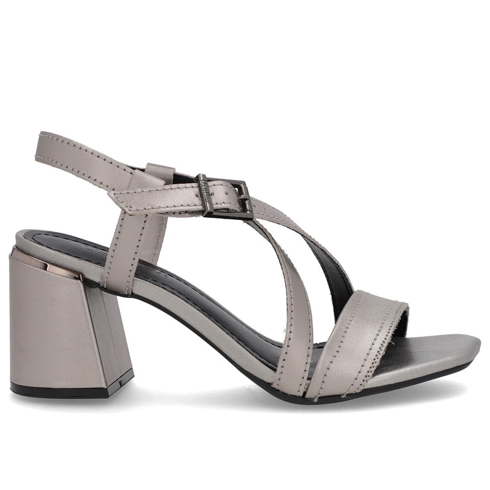 Sandália Salto Quadrado Couro Prata Fivela