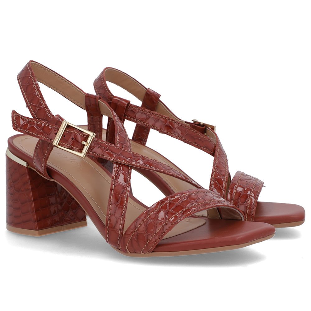 Sandália Salto Quadrado Couro Croco Marrom Fivela Marrom 2