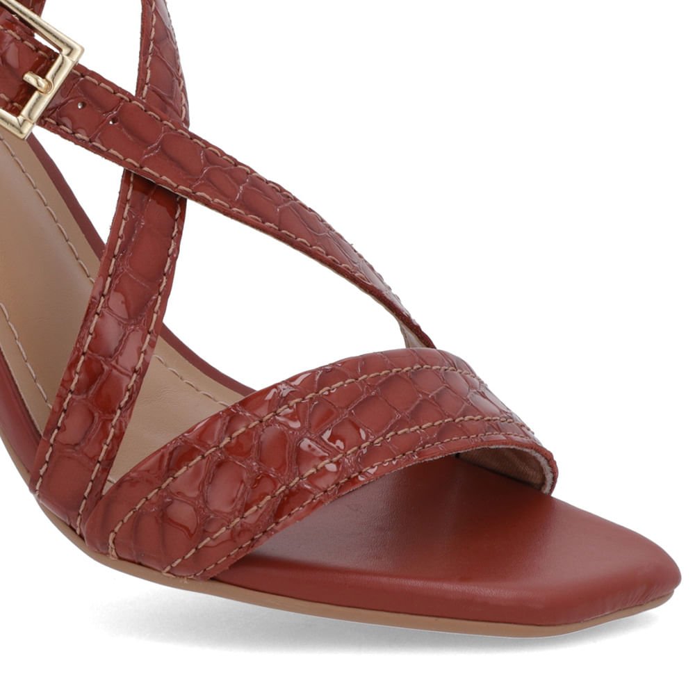 Sandália Salto Quadrado Couro Croco Marrom Fivela Marrom 4