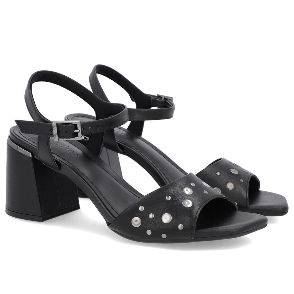 Sandália Bico Quadrado Couro Preta Tachas Preto 2
