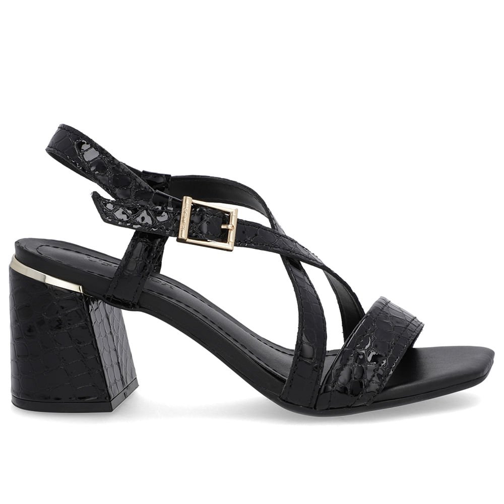 Sandália Salto Quadrado Couro Croco Preta Fivela