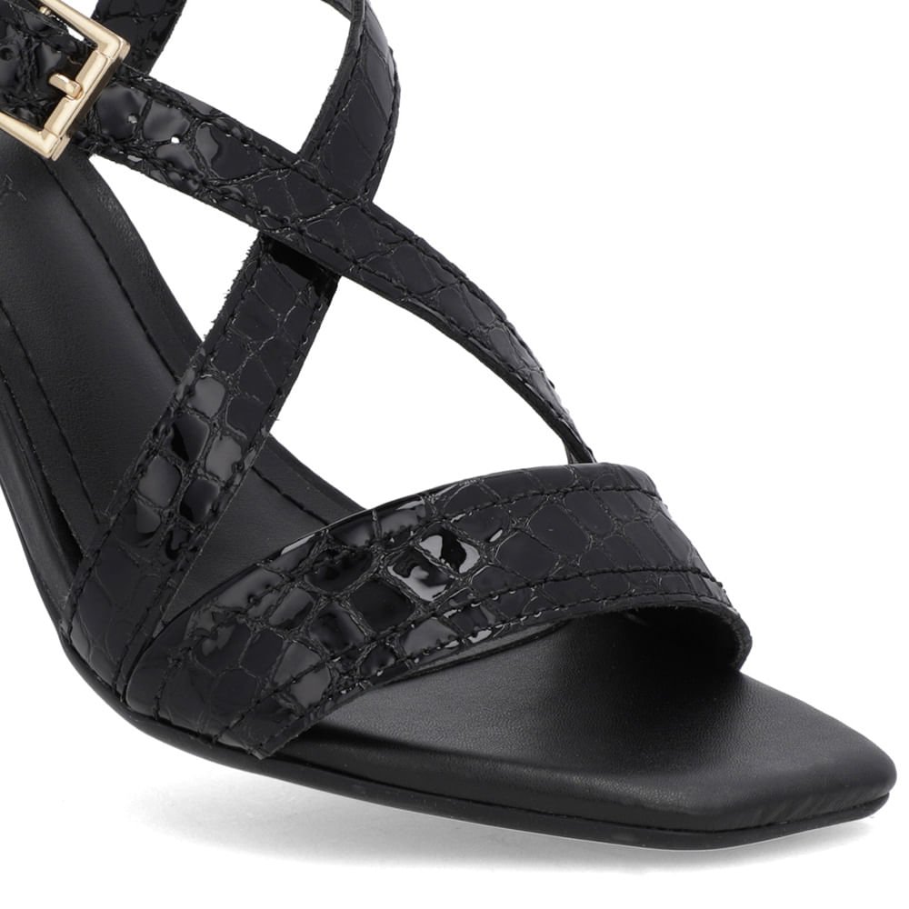 Sandália Salto Quadrado Couro Croco Preta Fivela Preto 4