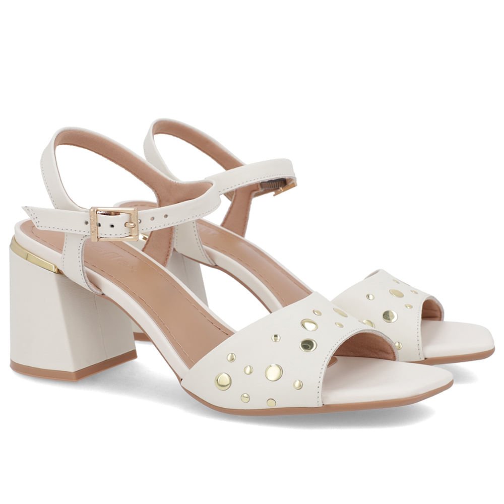 Sandália Bico Quadrado Couro Branca Marfim Tachas Branco 2