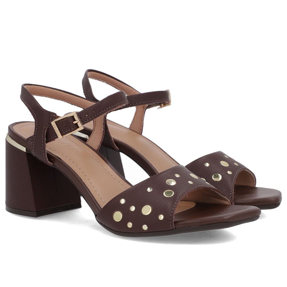 Sandália Bico Quadrado Couro Marrom Tachas Marrom 2