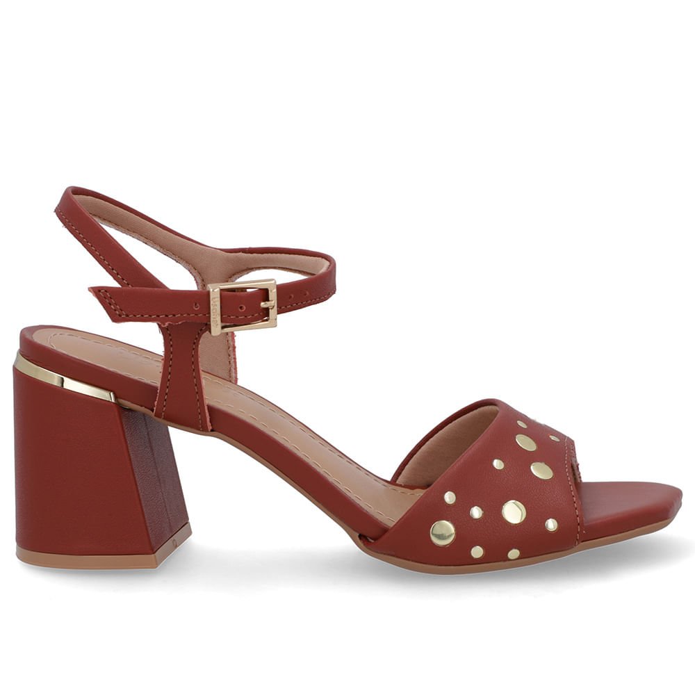 Sandália Bico Quadrado Couro Marrom Tachas