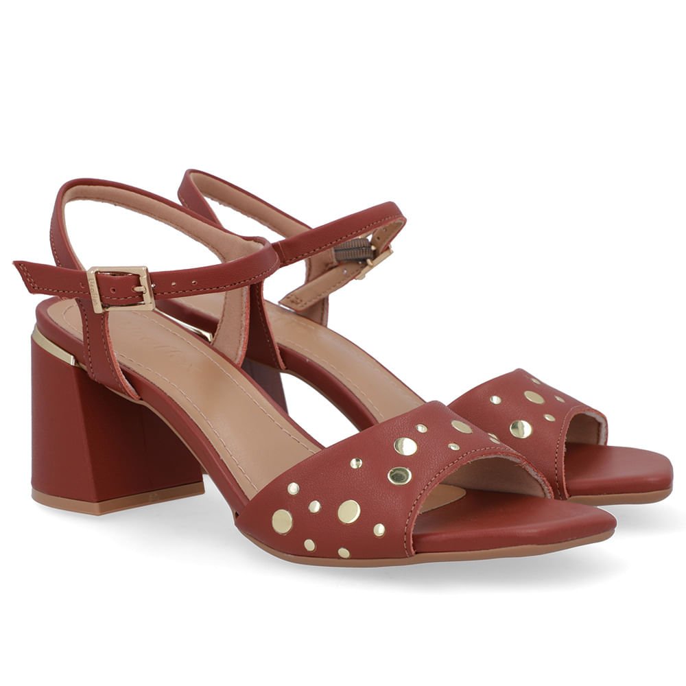 Sandália Bico Quadrado Couro Marrom Tachas Marrom 2