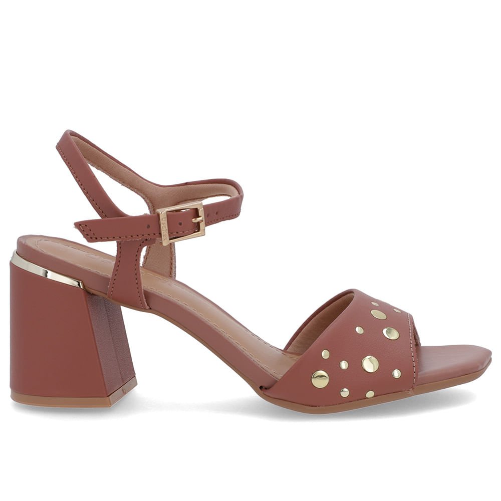 Sandália Bico Quadrado Couro Rosa Tachas