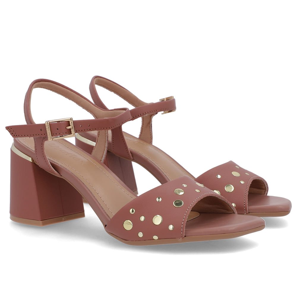 Sandália Bico Quadrado Couro Rosa Tachas Rosa 2