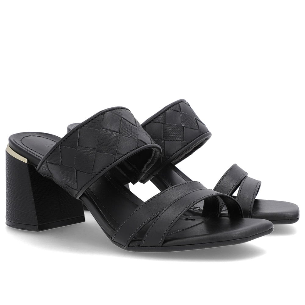 Tamanco Salto Bloco Couro Preto Trançado Preto 2