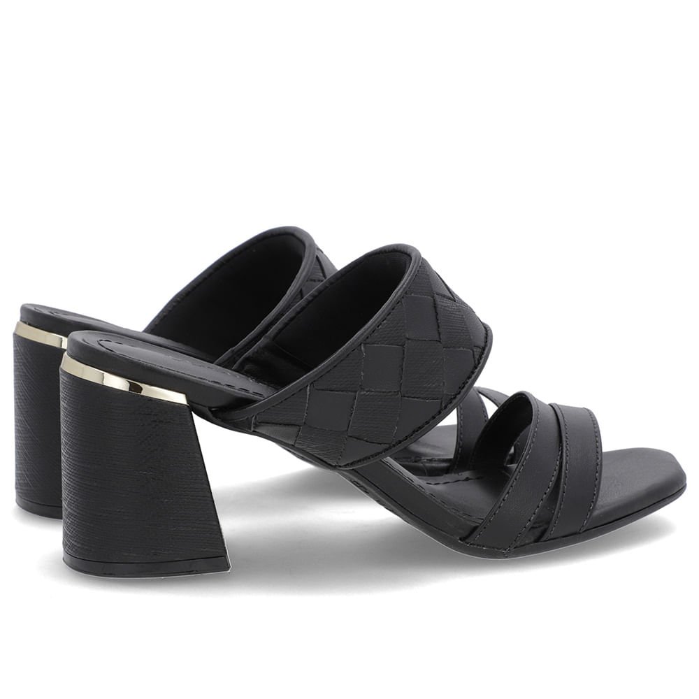 Tamanco Salto Bloco Couro Preto Trançado Preto 3