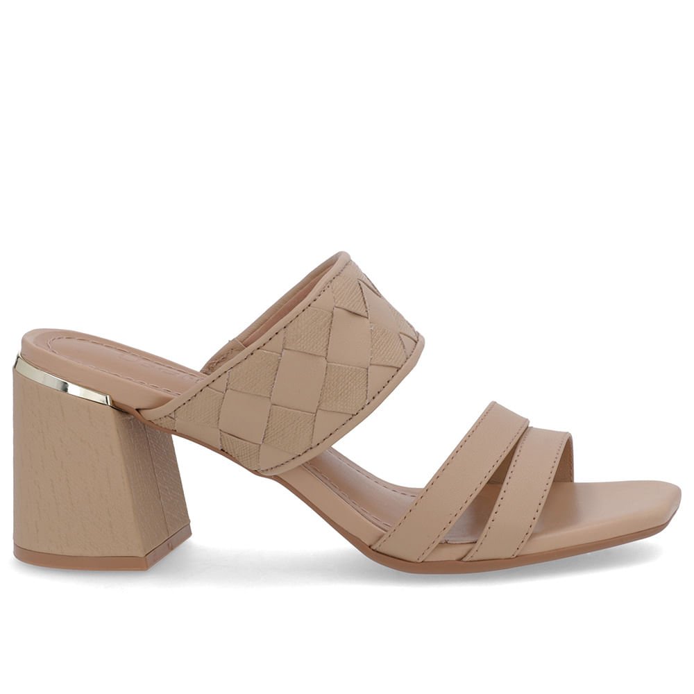 Tamanco Salto Bloco Couro Bege Trançado