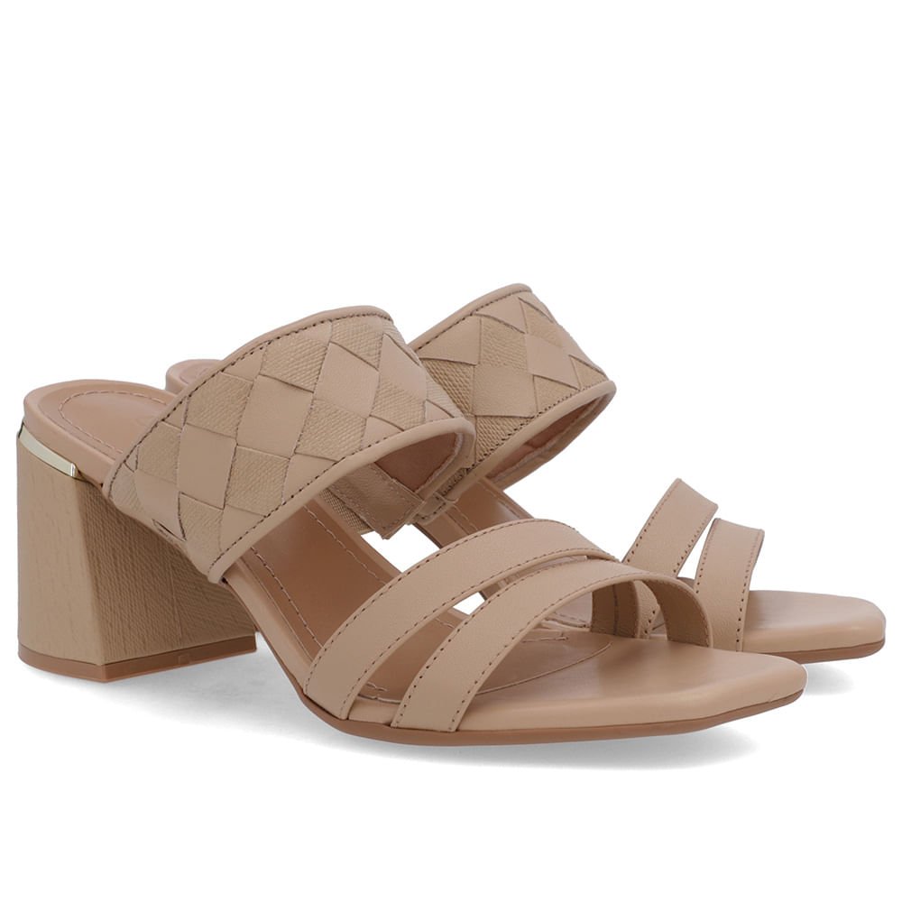 Tamanco Salto Bloco Couro Bege Trançado Bege 2