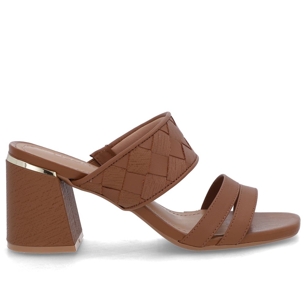 Tamanco Salto Bloco Couro Marrom Trançado