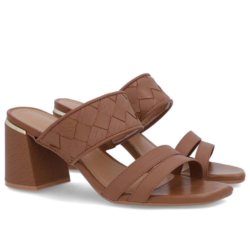 Tamanco Salto Bloco Couro Marrom Trançado Marrom 2