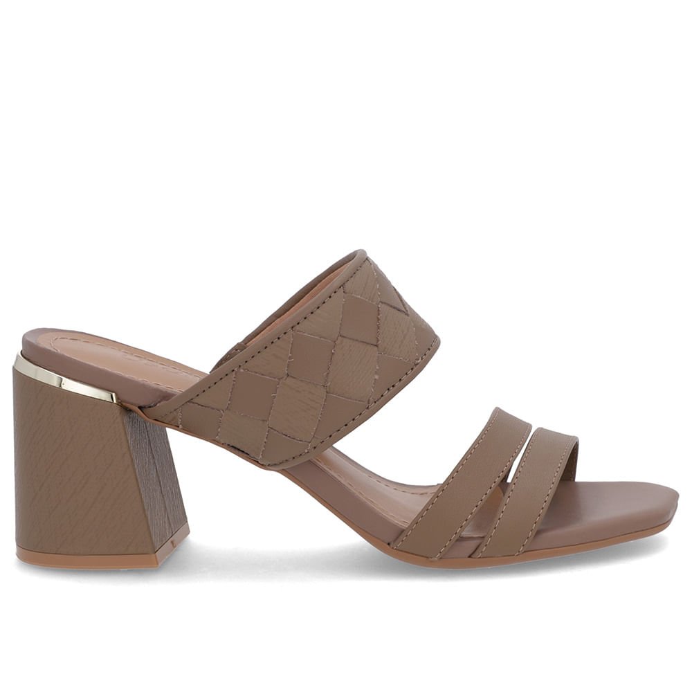 Tamanco Salto Bloco Couro Marrom Trançado