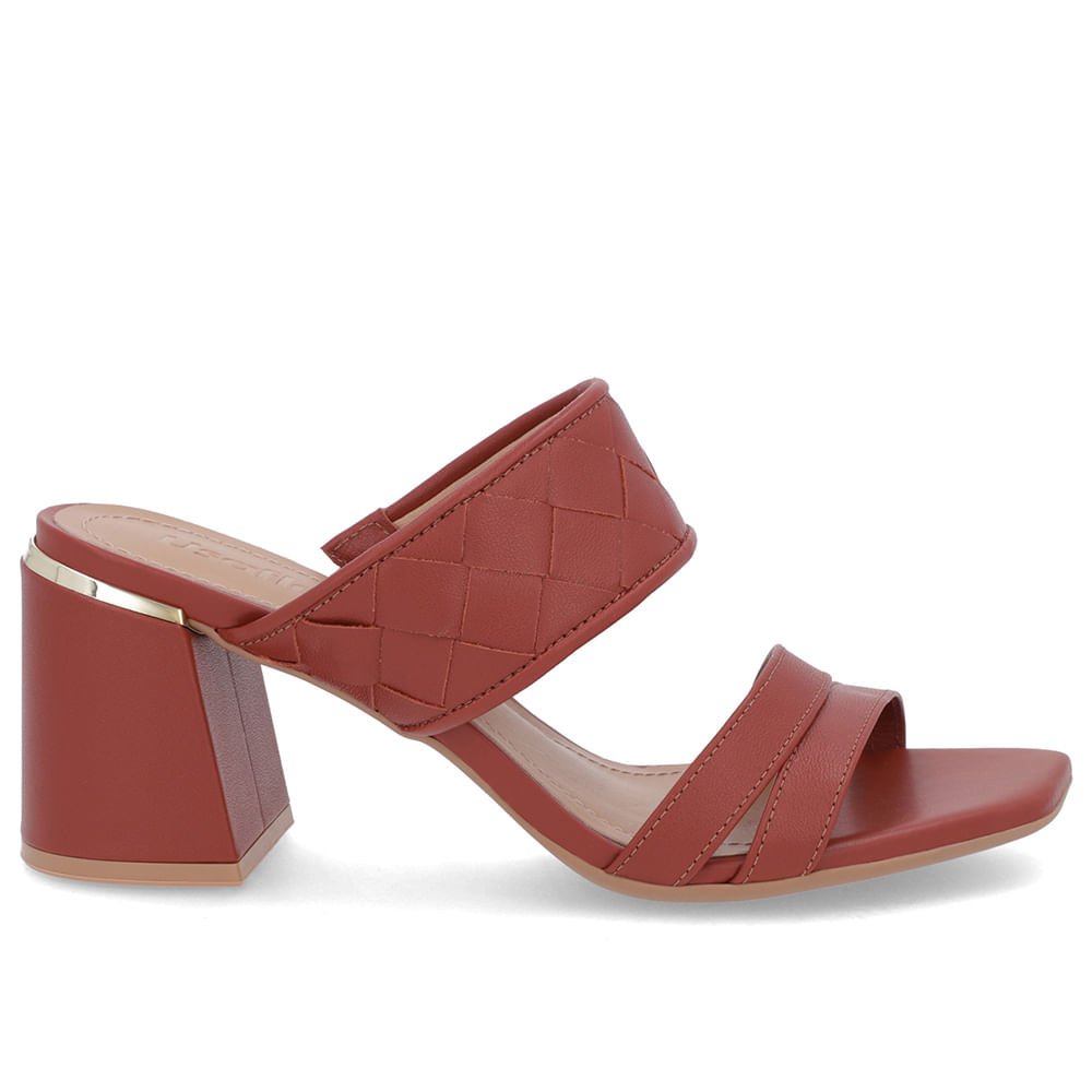 Tamanco Salto Bloco Couro Marrom Trançado