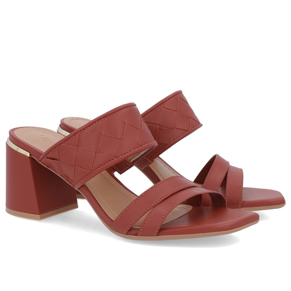 Tamanco Salto Bloco Couro Marrom Trançado Marrom 2