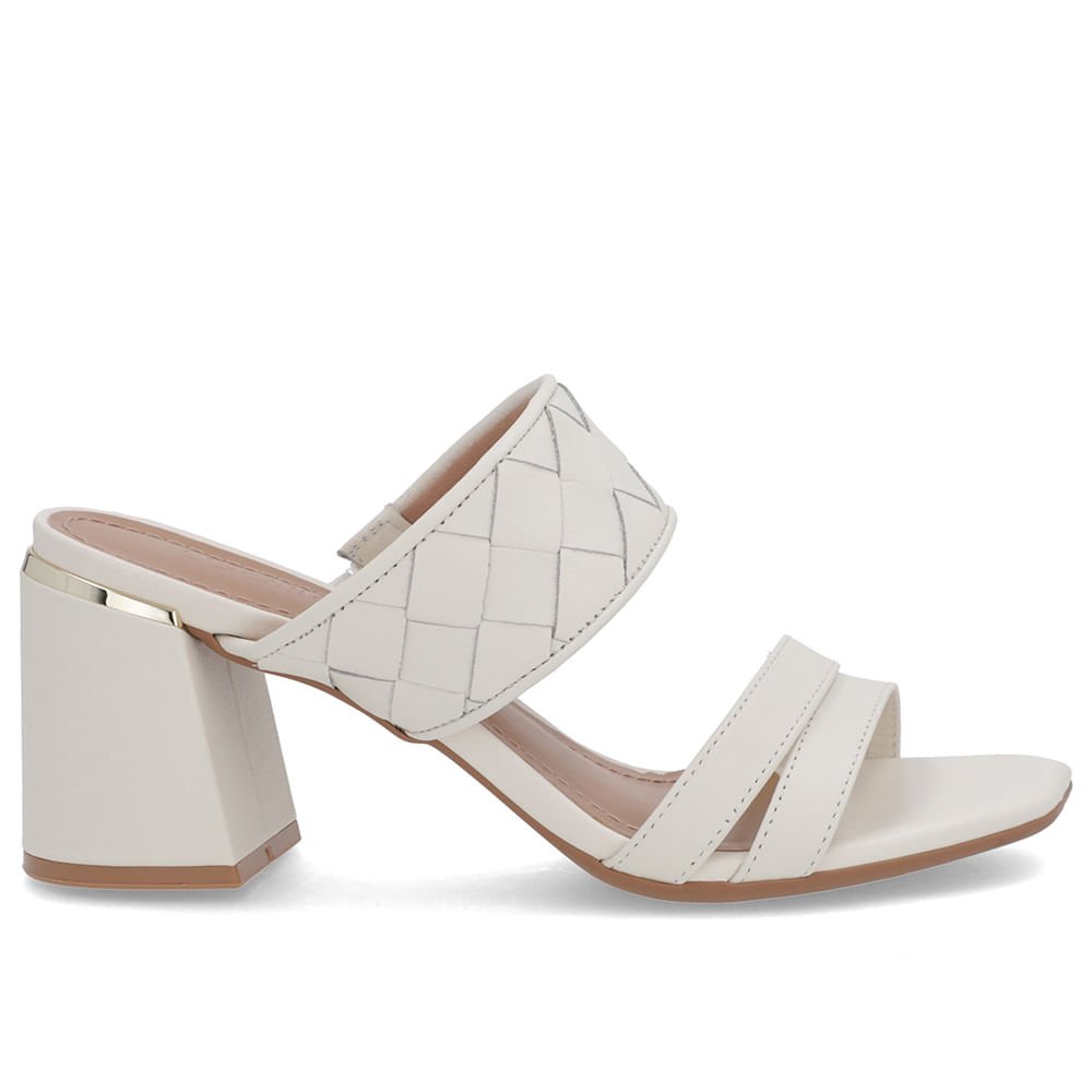 Tamanco Salto Bloco Couro Branco Marfim Trançado
