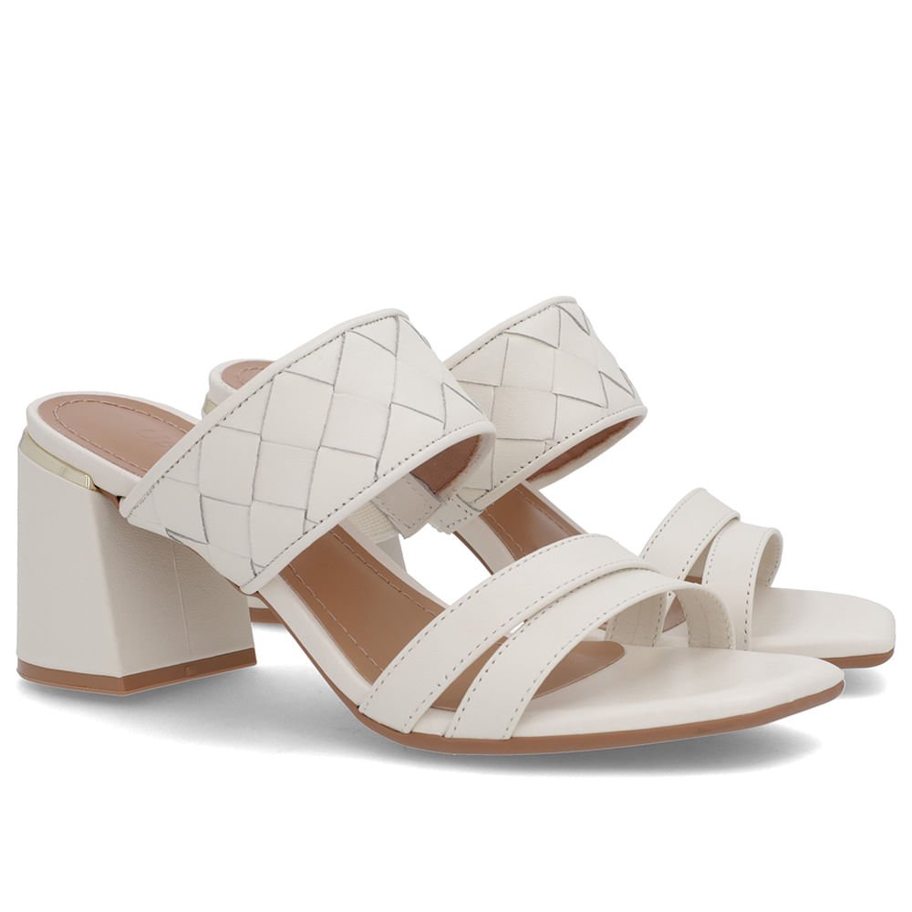 Tamanco Salto Bloco Couro Branco Marfim Trançado Branco 2