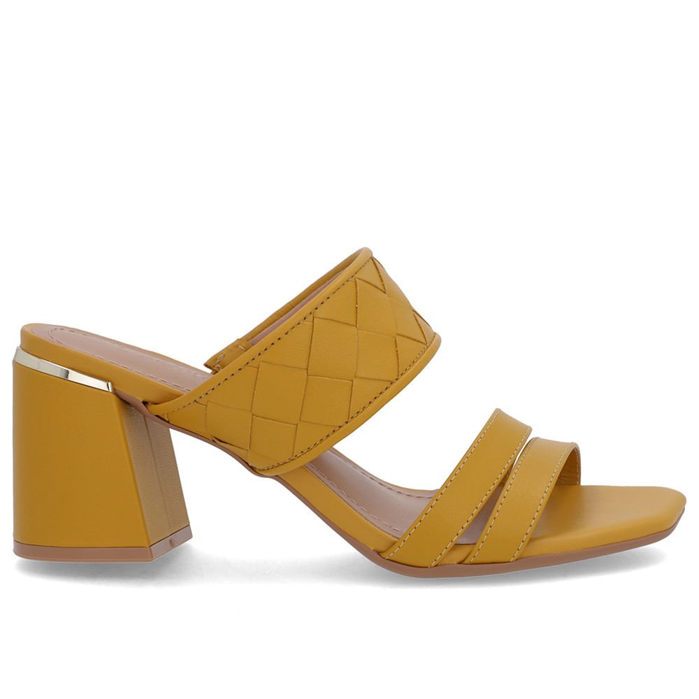 Tamanco Salto Bloco Couro Amarelo Trançado