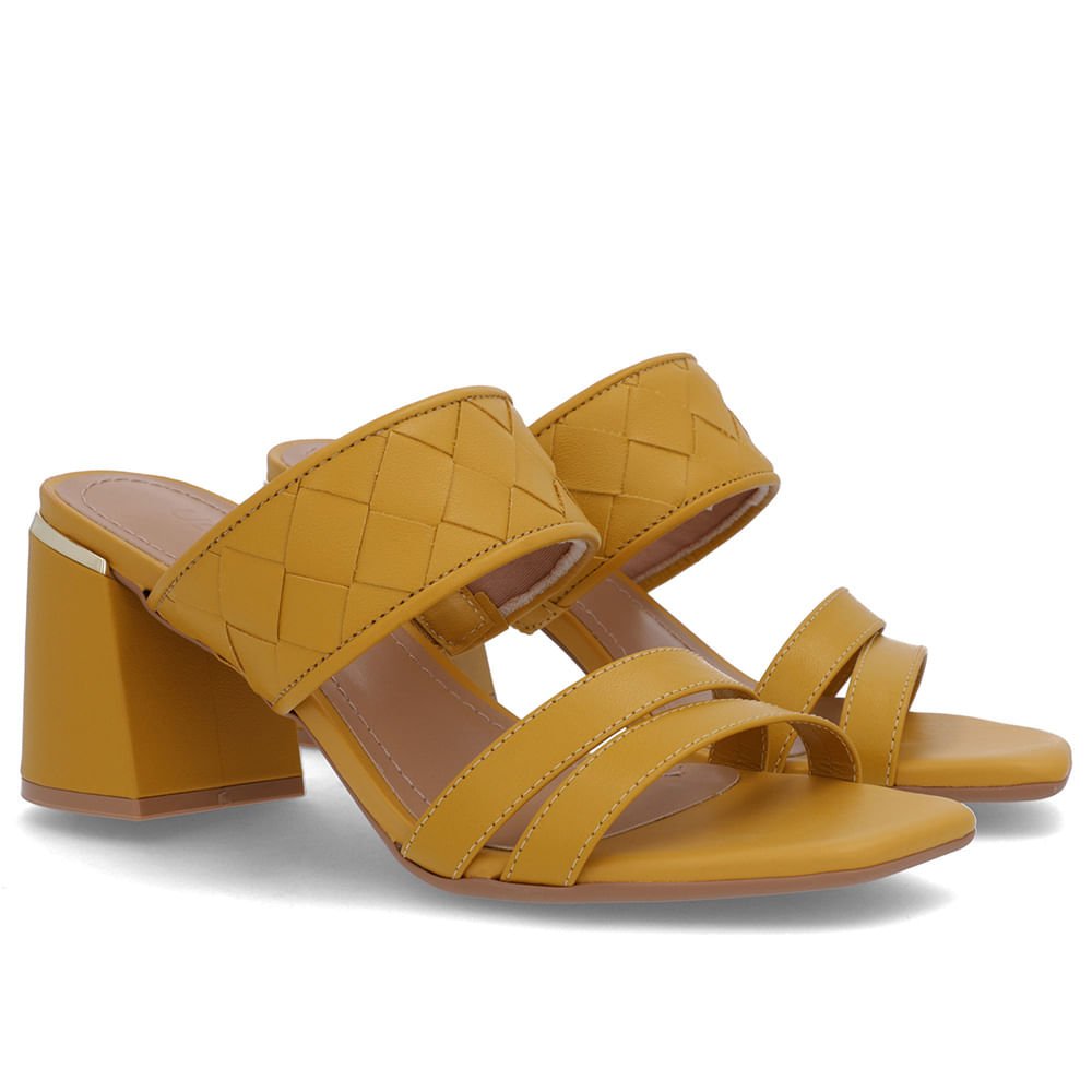 Tamanco Salto Bloco Couro Amarelo Trançado Amarelo 2