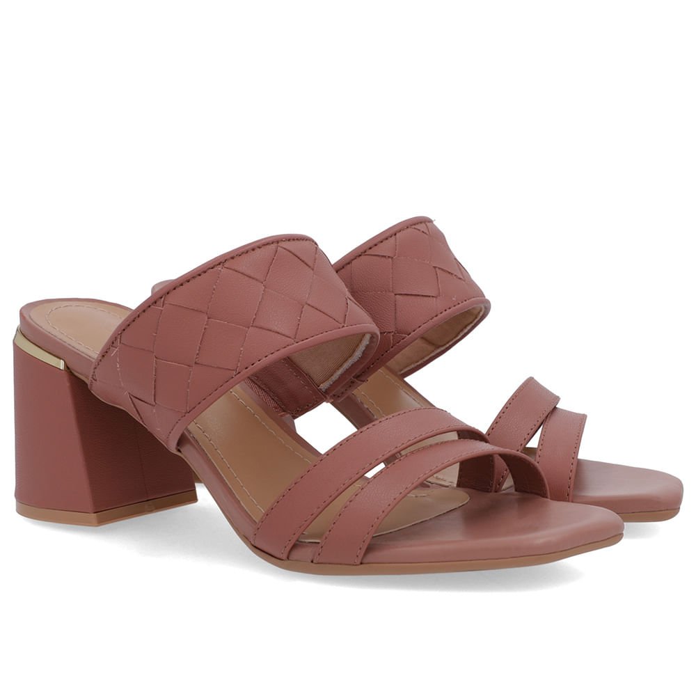 Tamanco Salto Bloco Couro Rosa Trançado Rosa 2