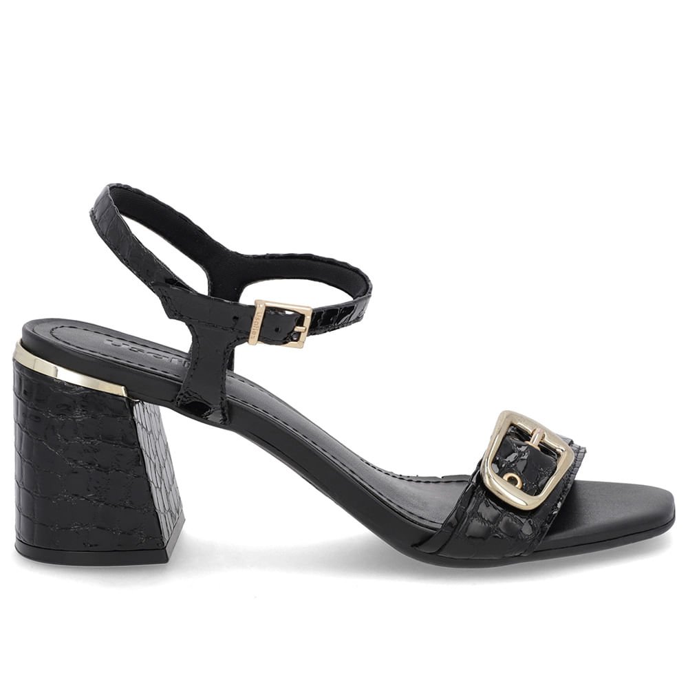 Sandália Bico Quadrado Couro Croco Preta