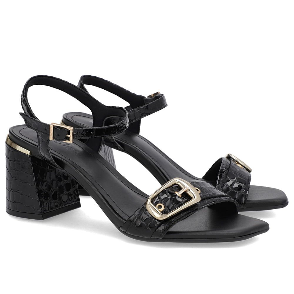 Sandália Bico Quadrado Couro Croco Preta Preto 2