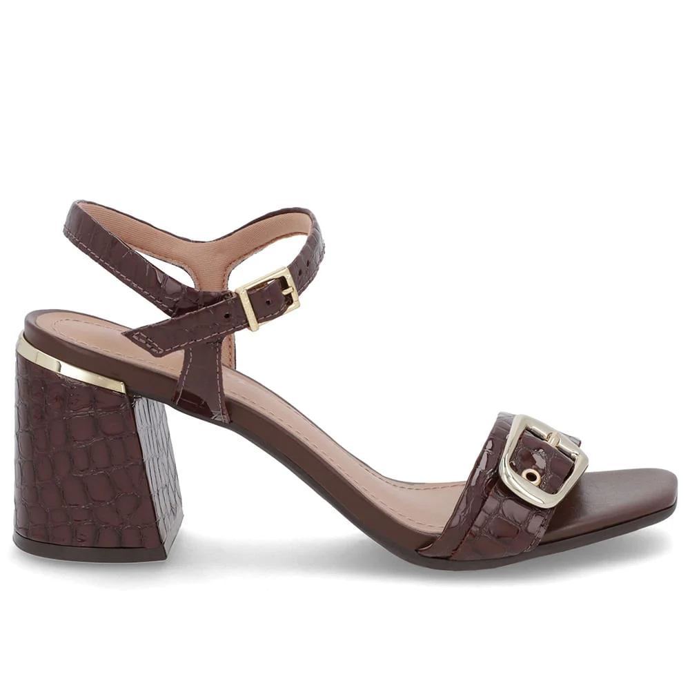 Sandália Bico Quadrado Couro Croco Marrom
