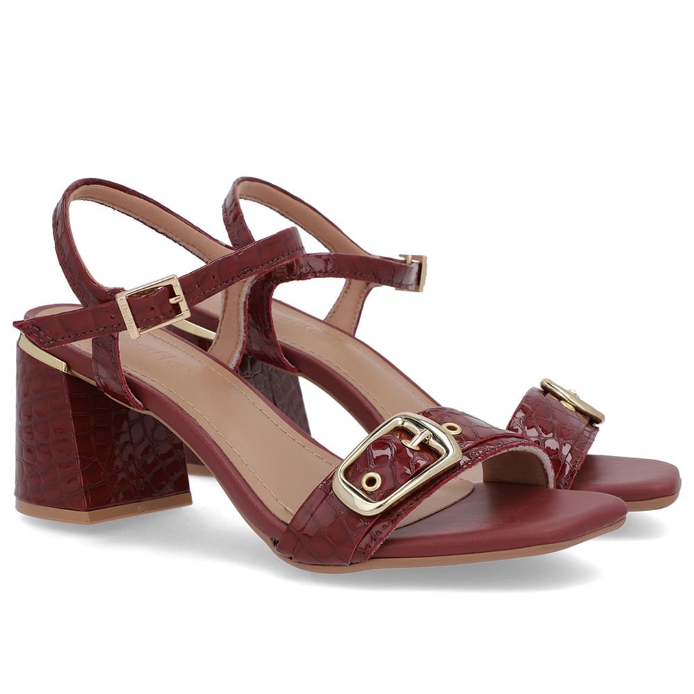 Sandália Bico Quadrado Couro Croco Vermelha Vermelho 2