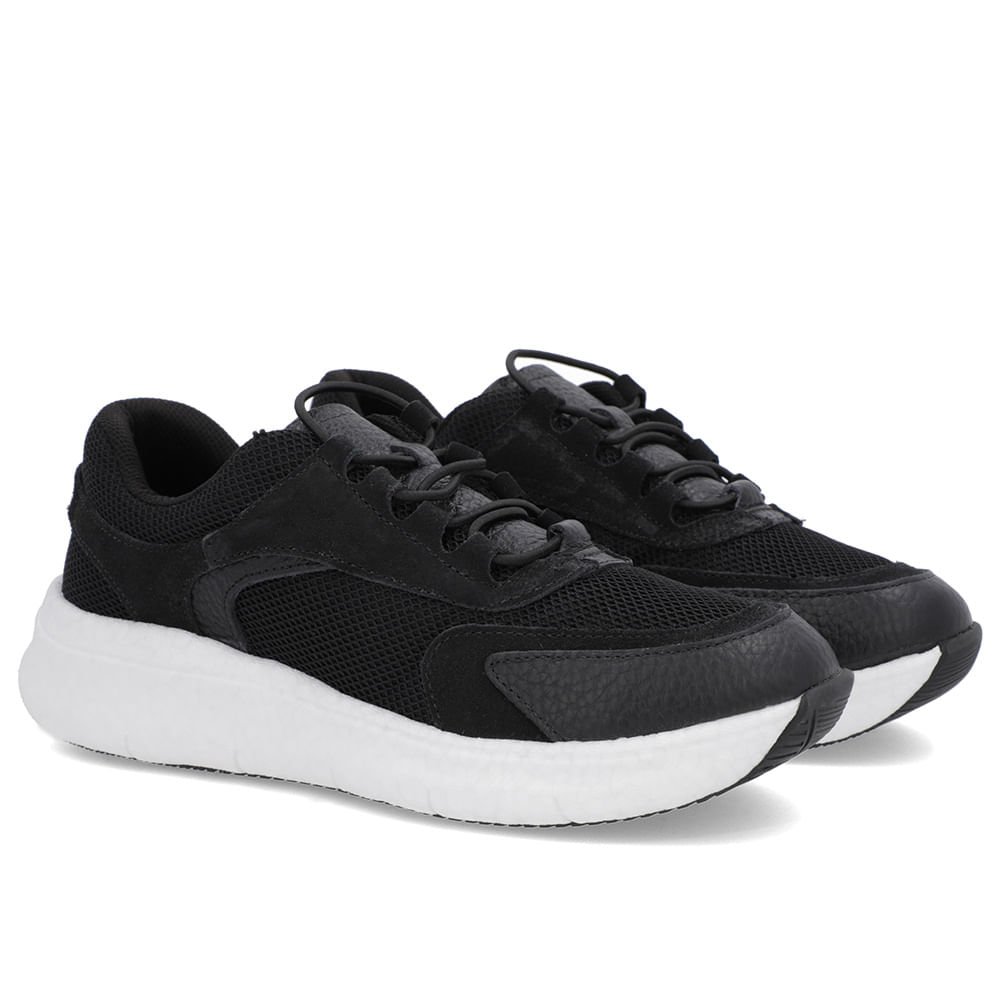 Tênis Preto Couro Cadarço Elástico Preto 2