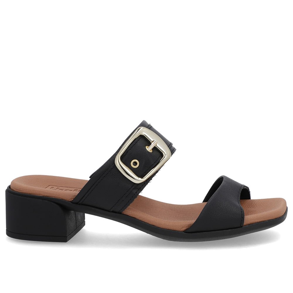 Tamanco Salto Bloco Couro Preto Fivela