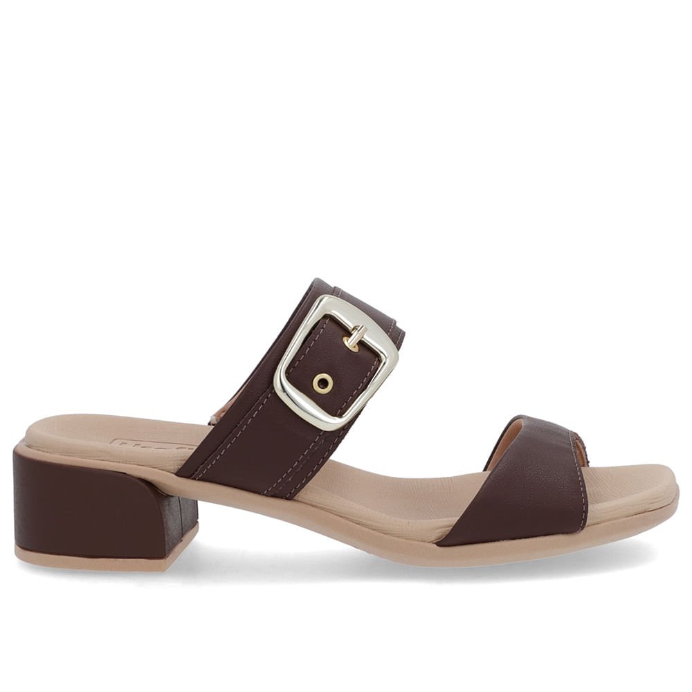 Tamanco Salto Bloco Couro Marrom Fivela