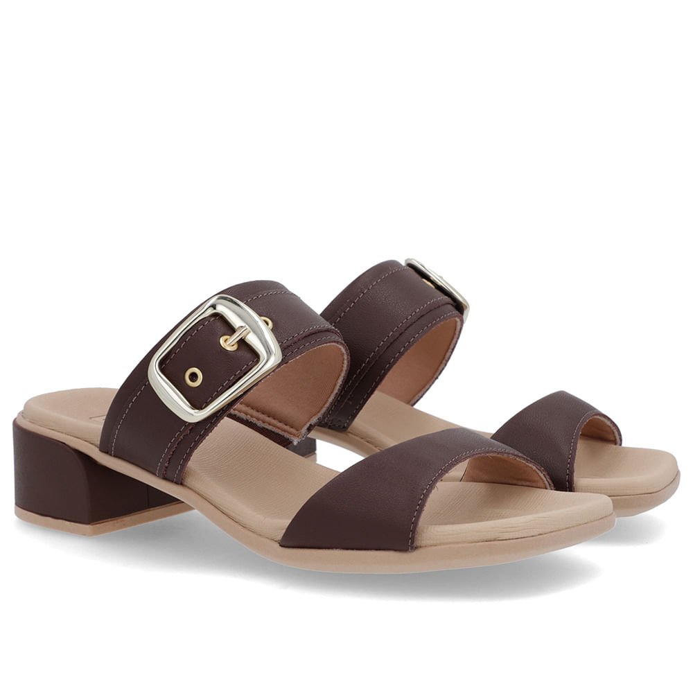 Tamanco Salto Bloco Couro Marrom Fivela Marrom 2