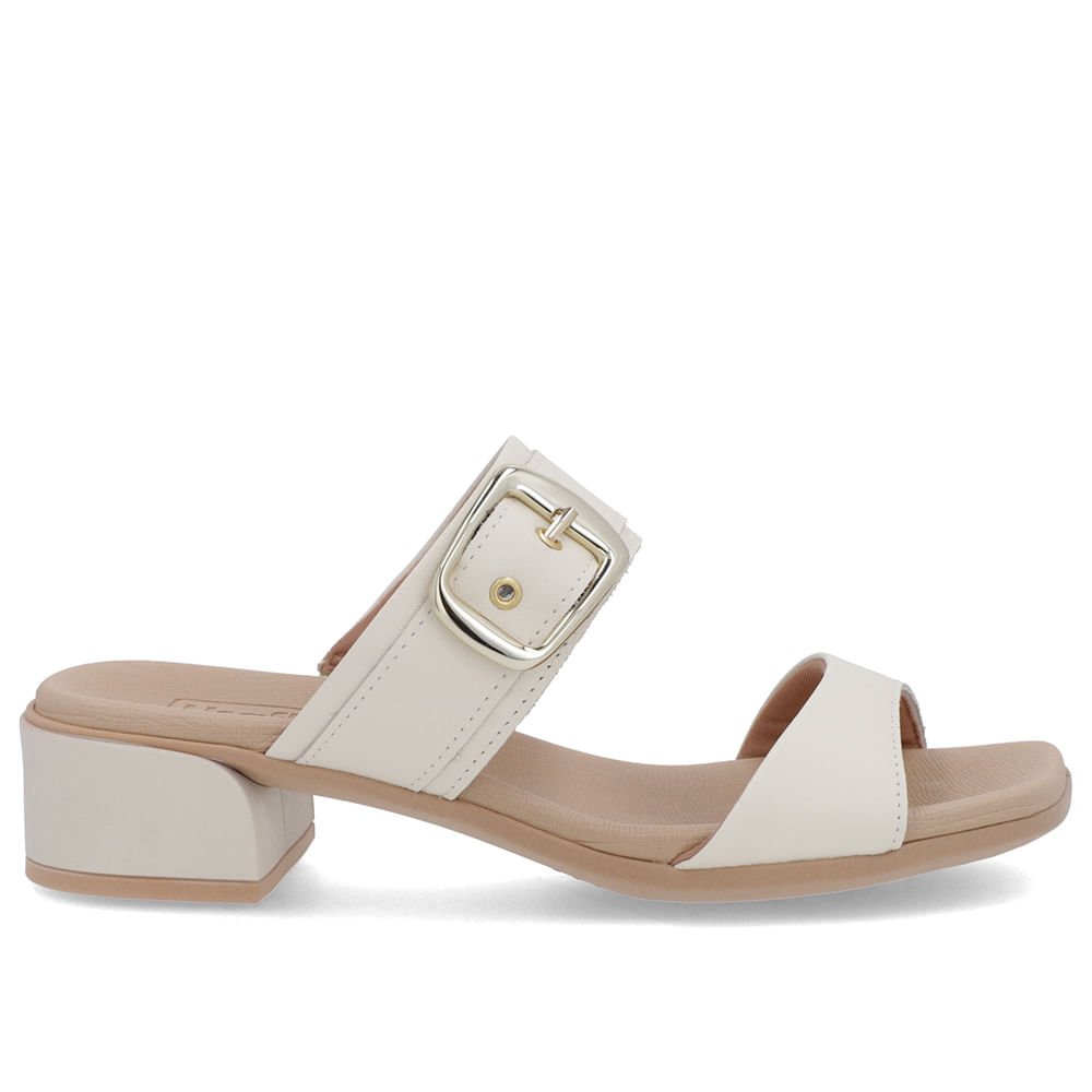 Tamanco Salto Bloco Couro Branco Marfim Fivela