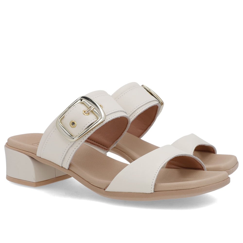 Tamanco Salto Bloco Couro Branco Marfim Fivela Branco 2