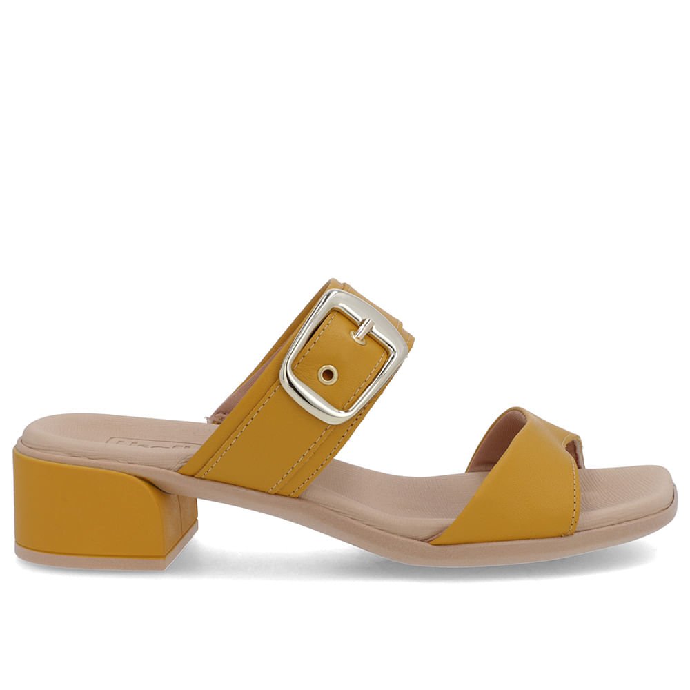 Tamanco Salto Bloco Couro Amarelo Fivela