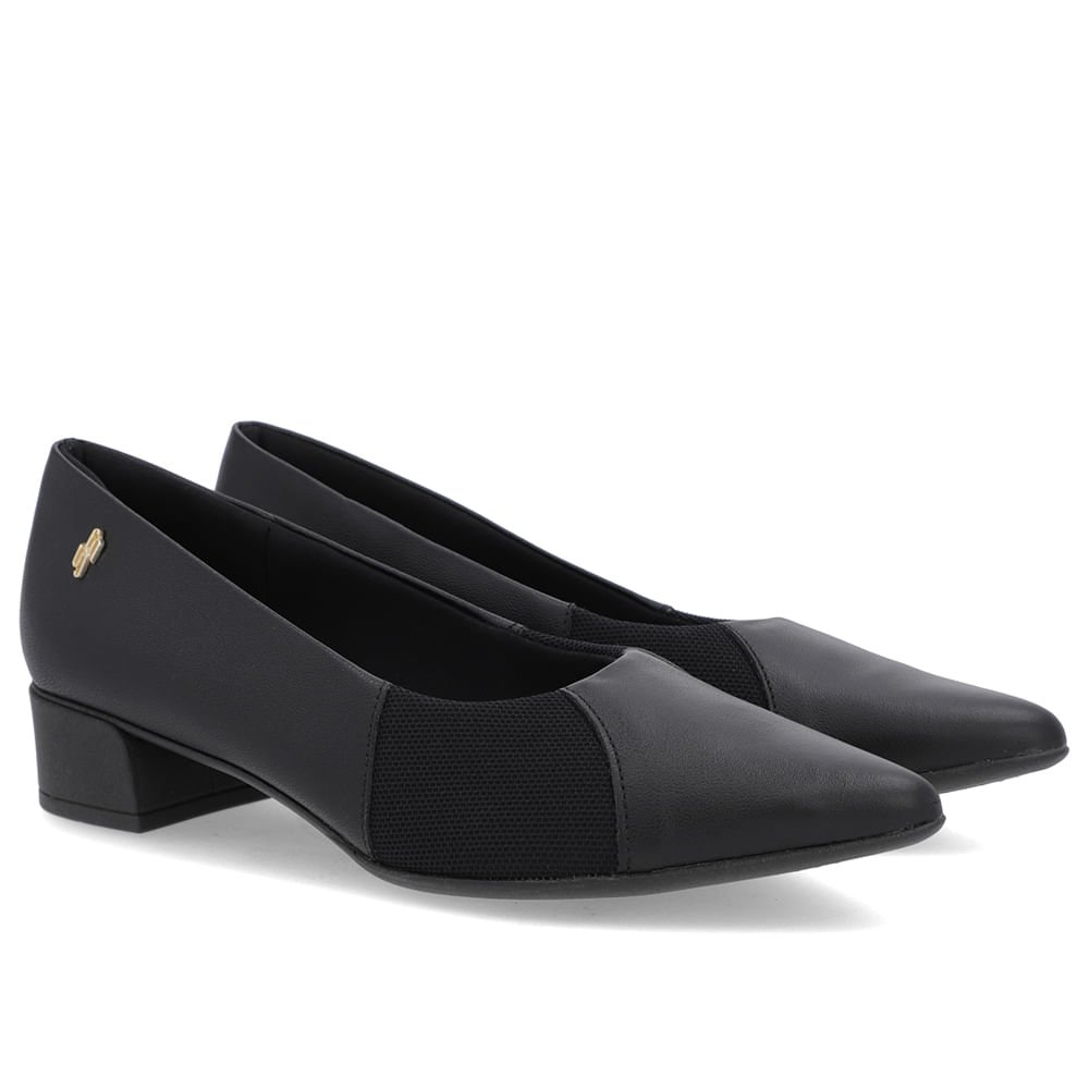 Scarpin Preto Couro Bico Fino Lateral Tecido Preto 2