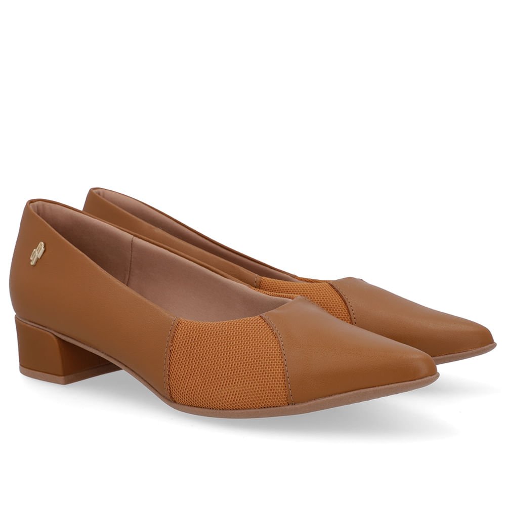 Scarpin Marrom Couro Bico Fino Lateral Tecido Marrom 2