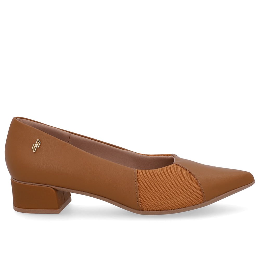Scarpin Marrom Couro Bico Fino Lateral Tecido