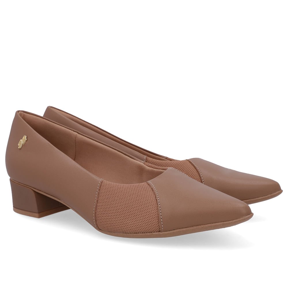Scarpin Marrom Camel Couro Bico Fino Lateral Tecido Marrom 2