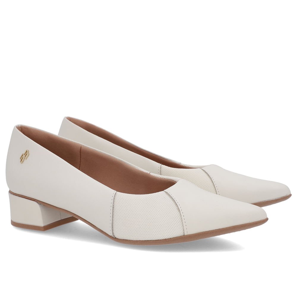Scarpin Branco Marfim Couro Bico Fino Lateral Tecido Branco 2