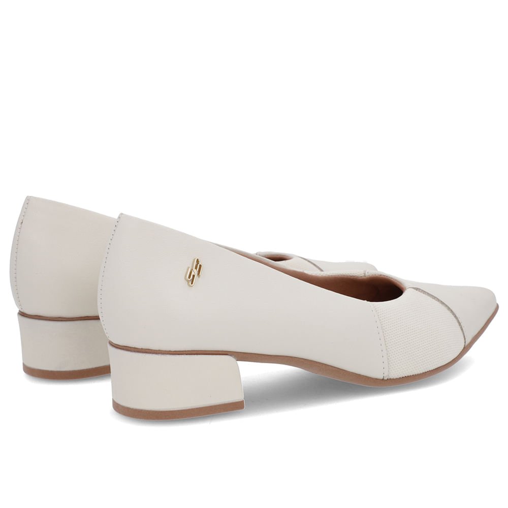 Scarpin Branco Marfim Couro Bico Fino Lateral Tecido Branco 3