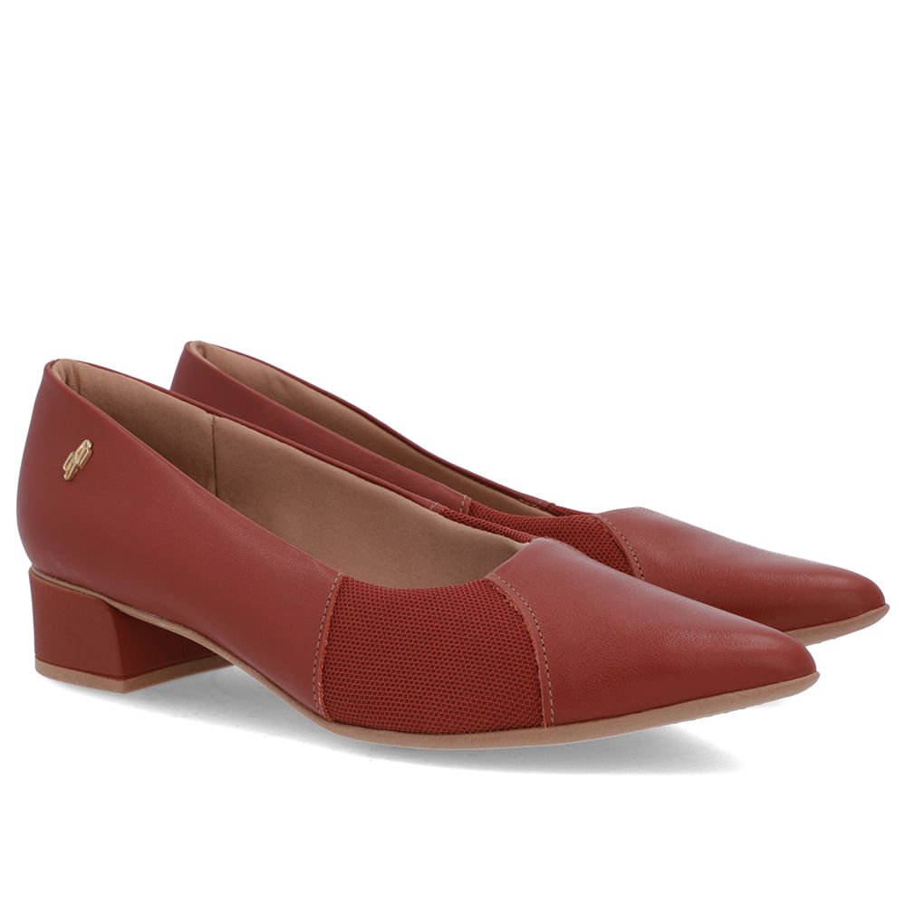 Scarpin Marrom Couro Bico Fino Lateral Tecido Marrom 2