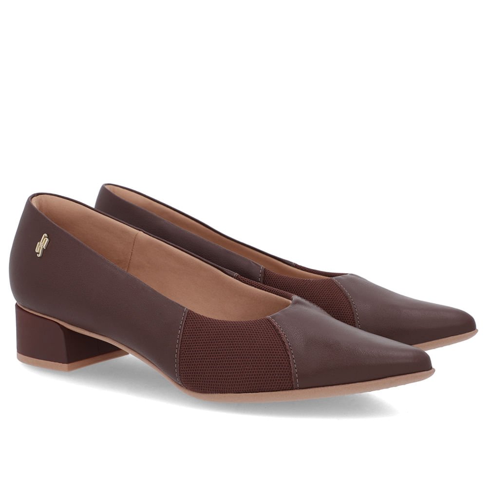 Scarpin Marrom Pinhão Couro Bico Fino Lateral Tecido Marrom 2
