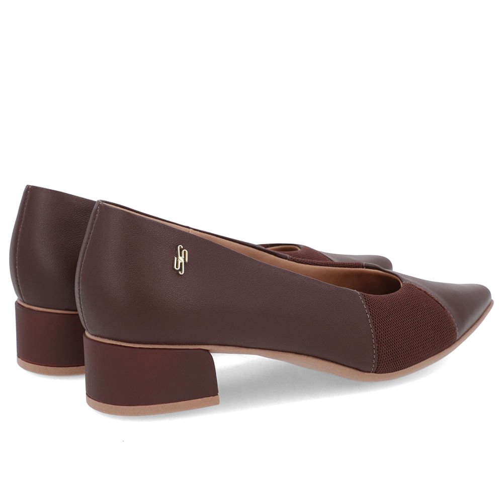Scarpin Marrom Pinhão Couro Bico Fino Lateral Tecido Marrom 3