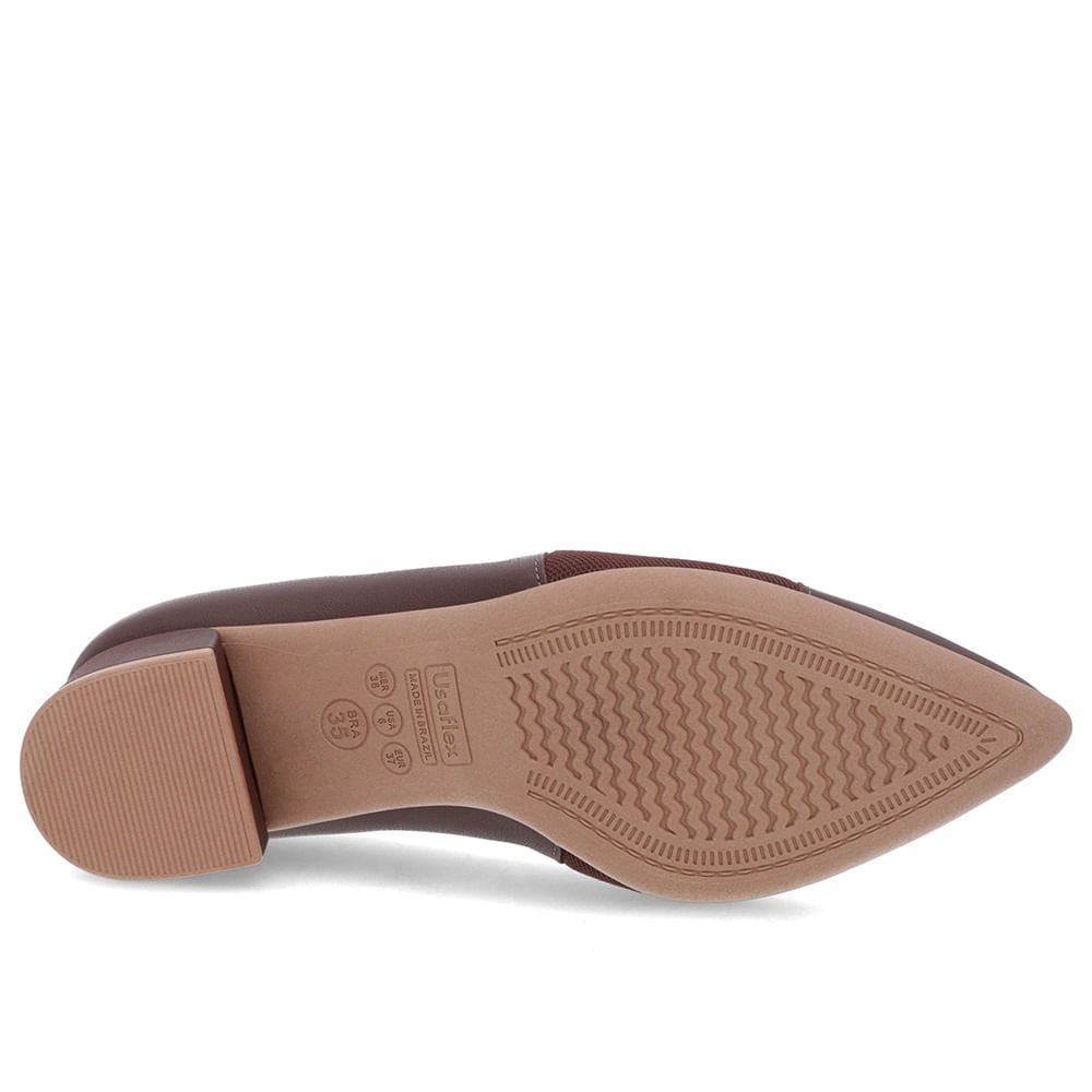 Scarpin Marrom Pinhão Couro Bico Fino Lateral Tecido Marrom 5